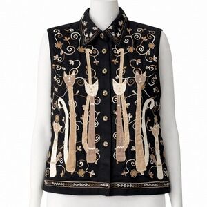 Life Style Cat Embroidered Vest Black Button Front Novelty Art Indie L Vintage